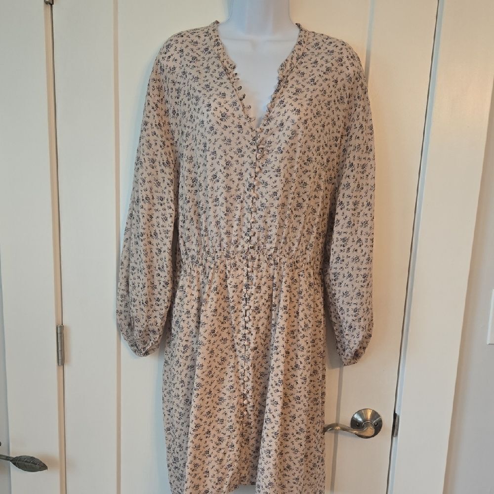 Joie Cream and Brown Bishop Sleeve V-Neck Dress